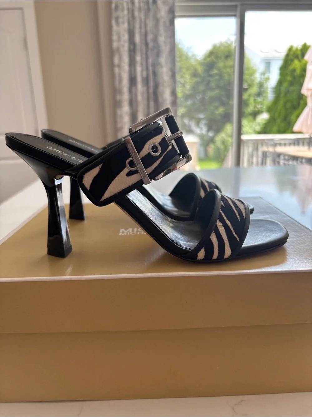 Michael Kors Black and White Colby Heeled Sandal Zebra-Print Buckle Heels